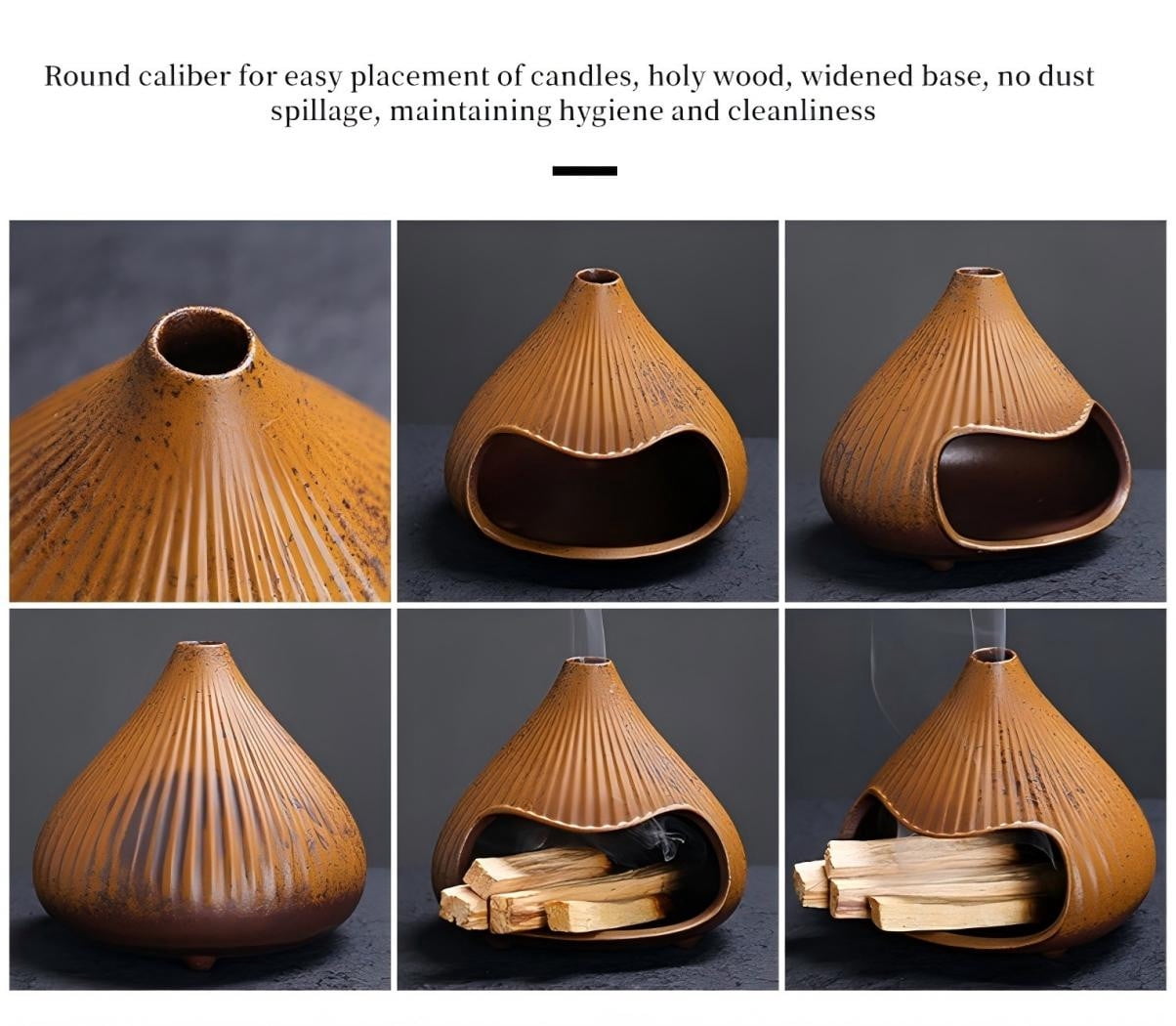 Ribbed Terracotta Cone Palo Santo Holder - Ceramic Incense Burner with Ash Catcher, Rustic Wabi-Sabi Style Palo Santo Holder Stick Holder for Smudging, Meditation, Yoga & Boho Home Decor Black