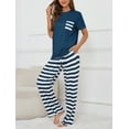 thumbnail image 4 of Loritta Lounge Set Womens 2 Piece Outfits Short Sleeve Round Neck Pajamas Striped Sleepwear Pants for Women S-2XL, 4 of 6