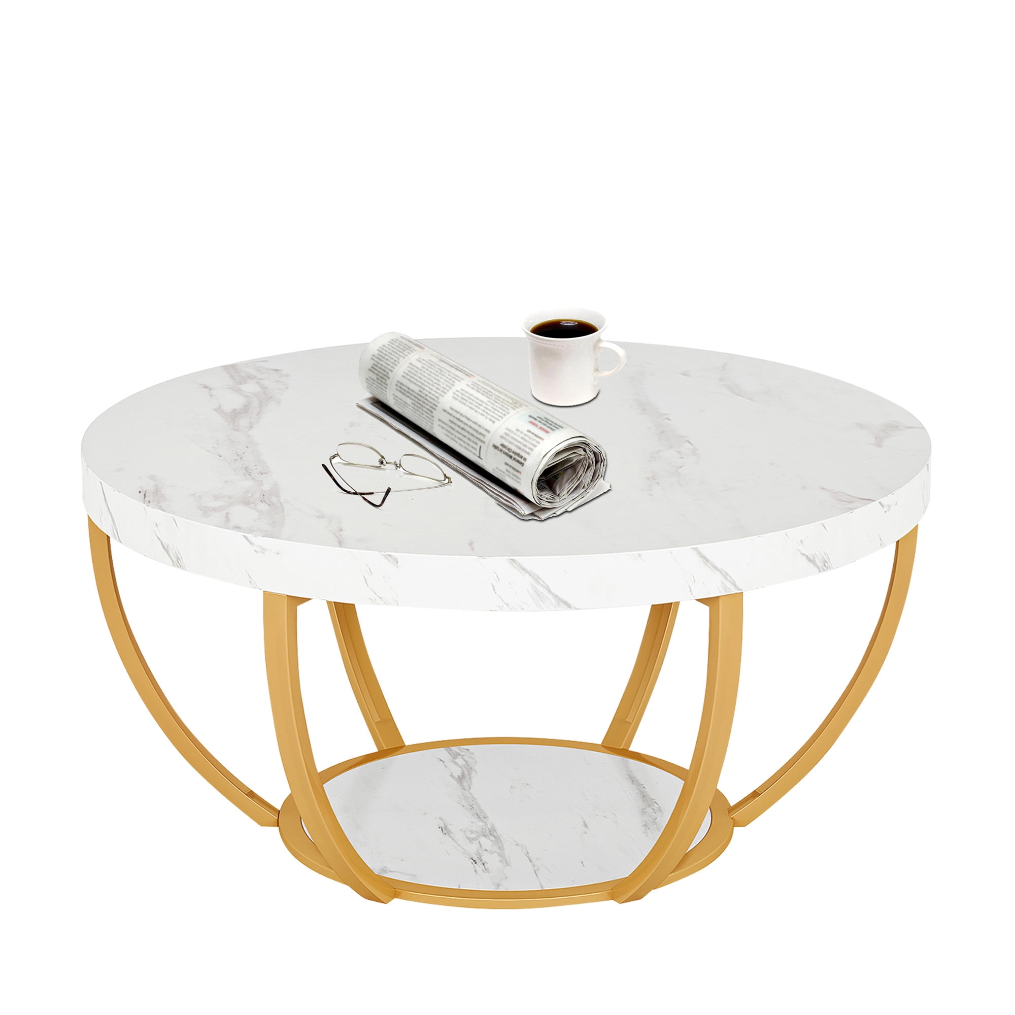 MAYEERTY 2 Tier Round Coffee Table Thickened Engineered Wood Sturdy Metal Base