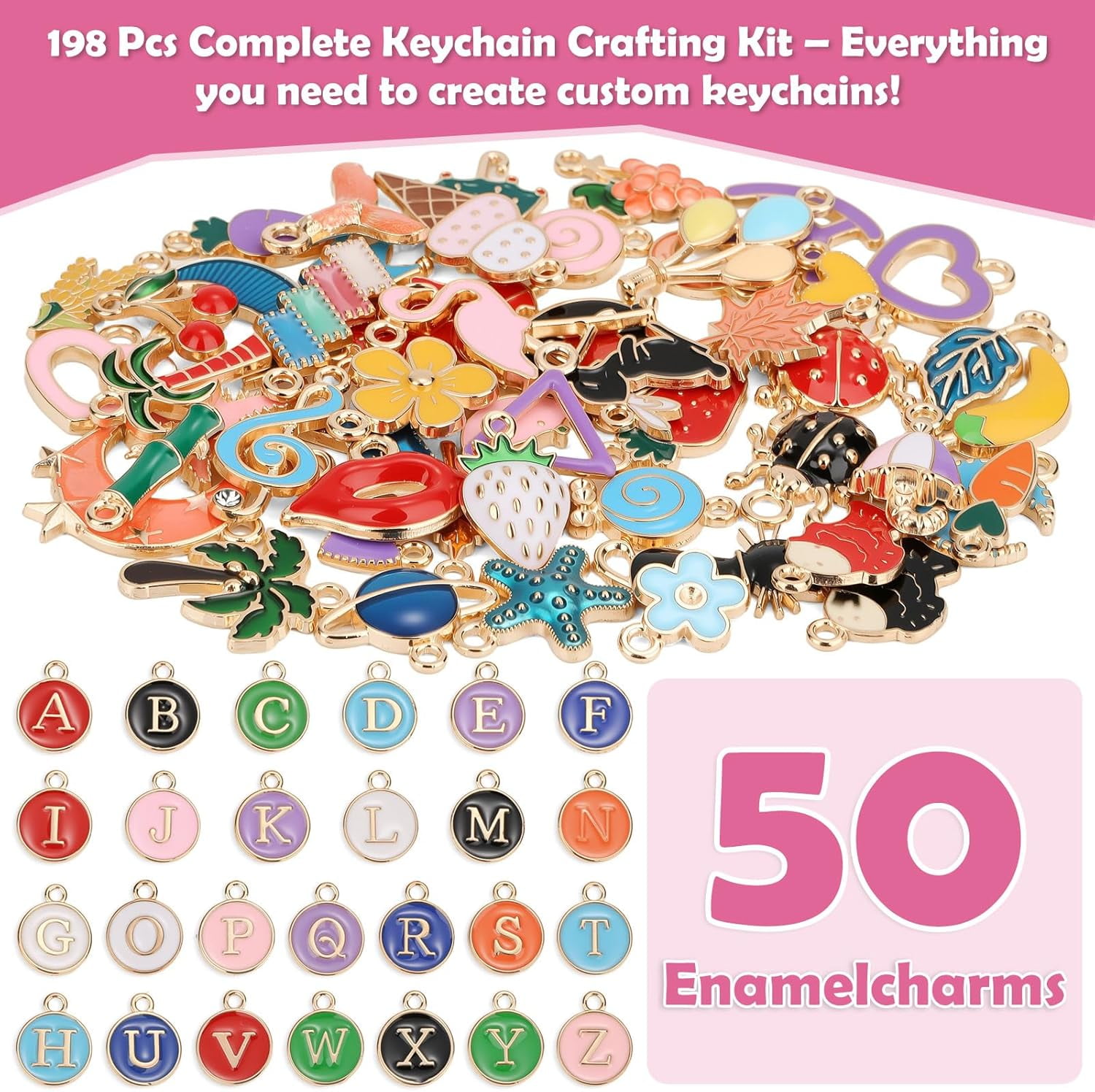 198Pcs Charms Lip Gloss Keychain Making Kit, DIY Craft Supplies with Charms, Key Chain Hooks, Jump Rings, Lobster Clasps, Chains & Tools, Jewelry Making Kit for Custom Keychains, Bags, Gifts