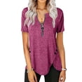thumbnail image 1 of Uhndy Women Summer Solid Short Sleeve Zipper V-Neck T-Shirt Casaul Loose Fit Blouse Tee Tops Plus Size Purple 5XL, 1 of 2
