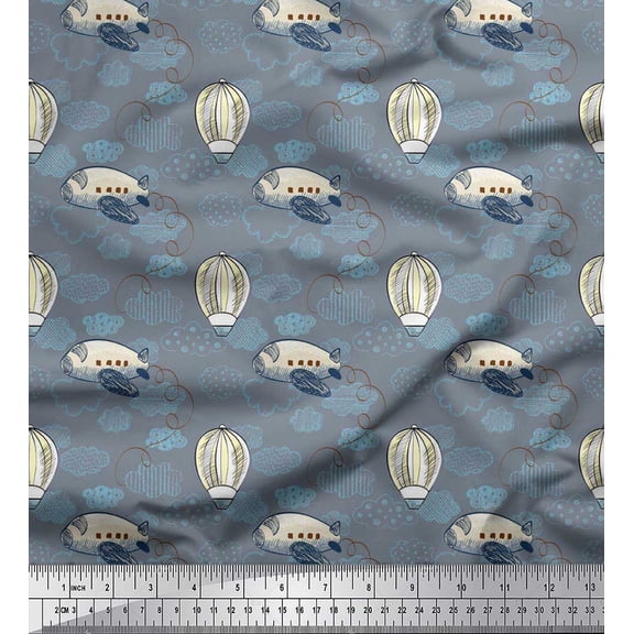 Soimoi Poly Crepe Fabric Clouds,Airplane & Hot Air Balloon Holiday Decor Fabric Printed Yard 42 Inch Wide