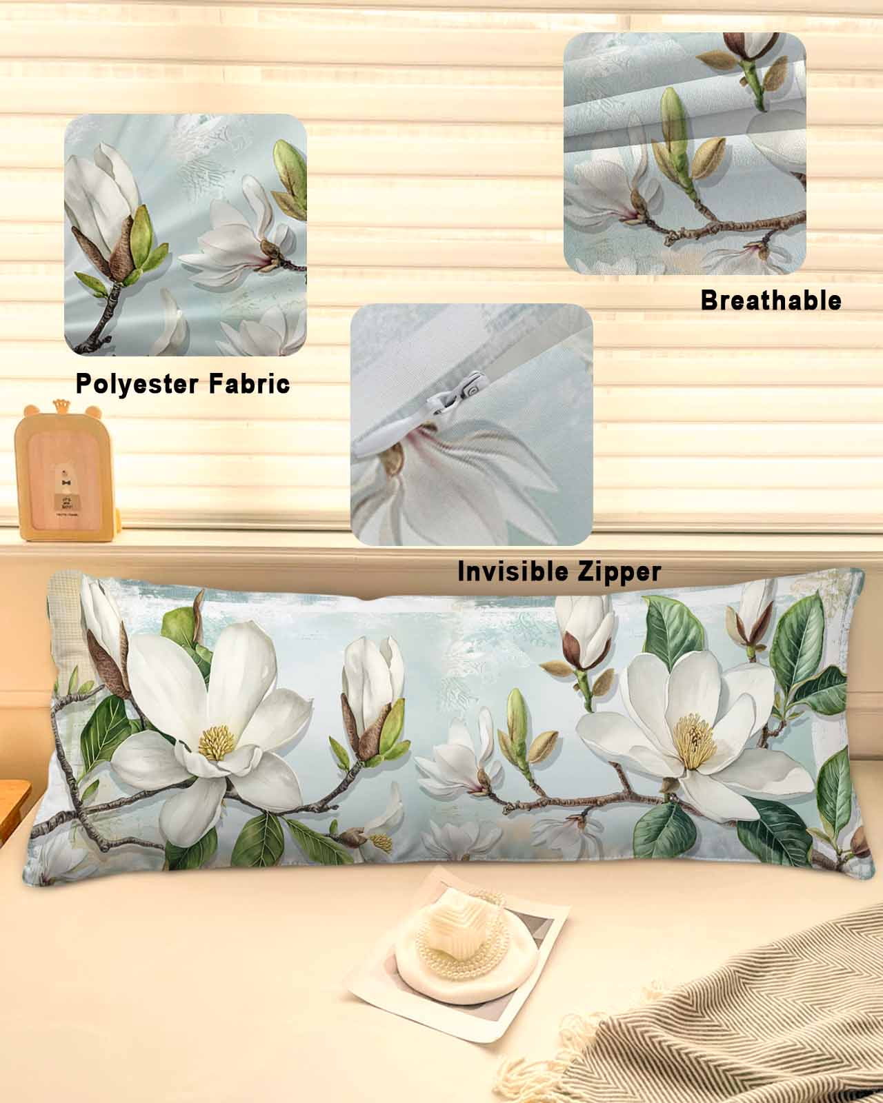 Country Flowers Body Pillow Cover 20 x 60 Inch Decorative Pillow Cover Spring Botanical Magnolia Branches Lumbar Pillowcase Seasonal Rectangle Cushion Case for Couch Sofa Bed Living Room