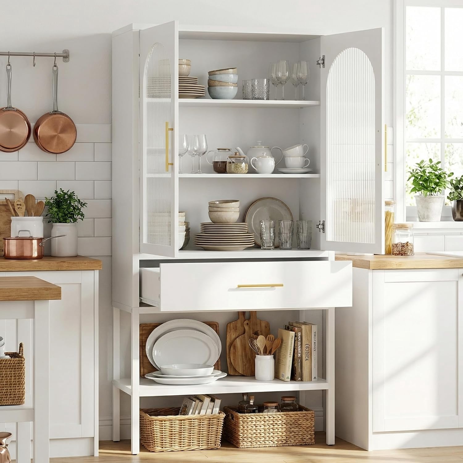 63" Tall Metal Storage Cabinet with Glass Doors, Kitchen Pantry Cabinet with Drawers & Adjustable Shelves, Freestanding Metal Cabinet for Kitchen, Dining Room and Home Organization White