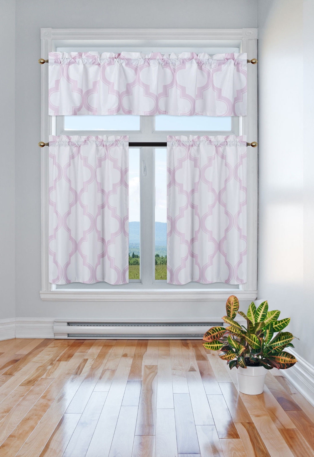 3-Piece 7LO Pink Blackout Rod Pocket Kitchen Curtain Set, Two (2 ...