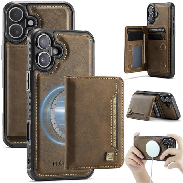 AutSpace Funda para Apple iPhone 16, Bloqueo RFID, Cuero PU, Compatible con MagSafe, Billetera Desmontable 2 en 1 con Tarjetero, Soporte, Cubierta Protectora Magnética, Marrón, para iPhone 16