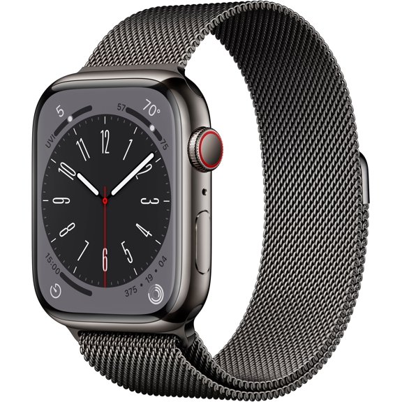 Pre-Owned Apple Watch Series 8 GPS   Cellular 45mm Graphite Stainless Steel Case with Graphite Milanese Loop. Fitness Tracker, Blood Oxygen & ECG Apps, Always-On Retina Display