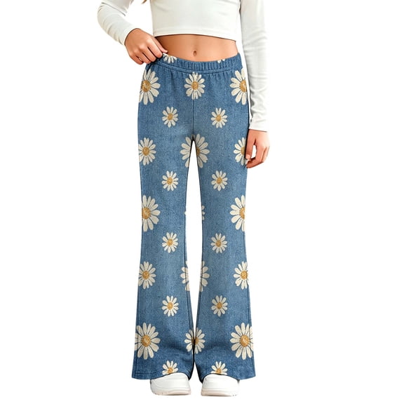 Nugftut Girls Jeans Size 3 Elastic Waist Flare Pants Floral Print Pants Outdoor Daily Wear Faux Denim