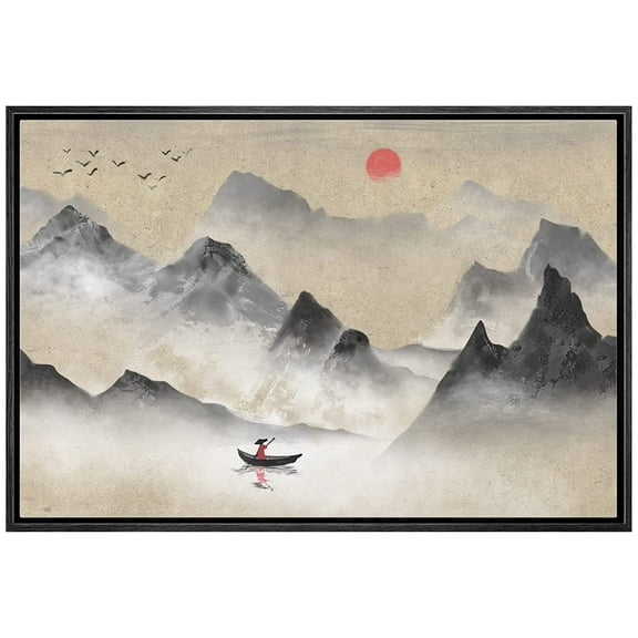 wall26 Framed Canvas Print Wall Art Chinese Watercolor Fisherman and Mountains Nature Wilderness Illustrations Modern Rustic Scenic Colorful for Living Room, Bedroom, Office - 16"x24" Black