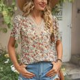 thumbnail image 2 of Blusa de encaje de guipur Top estampado estampado Casual ajustado manga corta escote en V Blusa de encaje de guipur para mujer, 2 of 8
