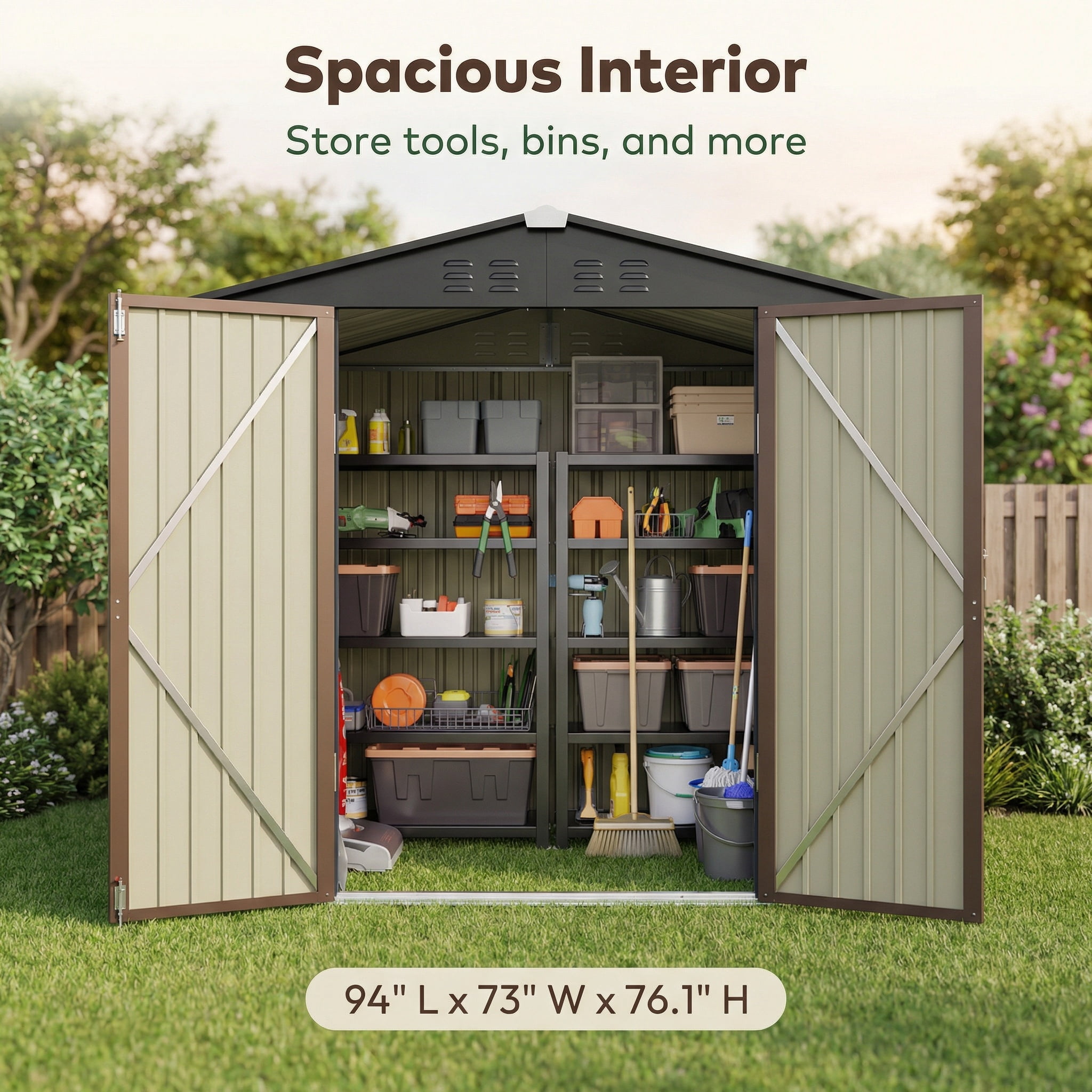 6x4 FT Storage Shed, Tool Shed with Sloping Roof and Lockable Door with Doors, Brown