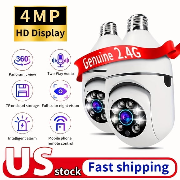 4MP Light Bulb Security Camera, E27 WiFi, Color Night Vision, Motion Detection, Two-Way Audio, IP54, Wide Angle, Remote Monitoring