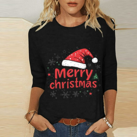 VKOYWKM Christmas Print Tees Women 3/4 Length Sleeve Womens Tops Christmas Graphic T Shirts Casual Crew Neck Funny Family Party Tunic Top