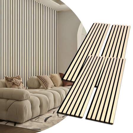 Shencaiou Acoustic Wood Wall Panels,4 Packages 47.24 x 12.2 Inches of Wood Soundproofing Siding, 3D Strip Wood Siding, Sound Absorption and Noise Reduction for Walls and Ceilings (Oak)