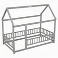 thumbnail image 5 of Grey Twin Size Floor Wooden Bed Featuring House Roof Frame & Fence Guardrails, 5 of 16