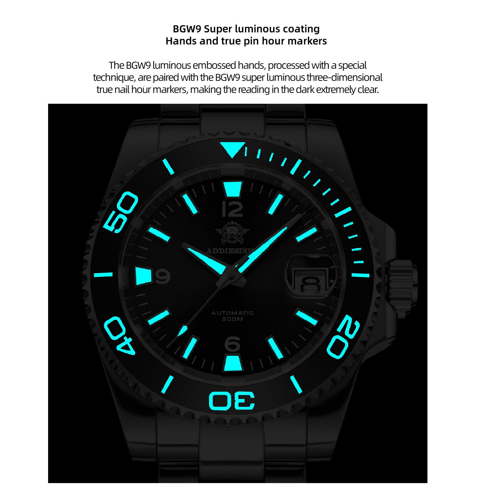 ADDIESDIVE Men's Automatic Diver Watch 200M Waterproof, Japanese Mechanical Movement, Sapphire Crystal & Ceramic Bezel, Super-LumiNova BGW9/C3, Stainless Steel Dive Watch