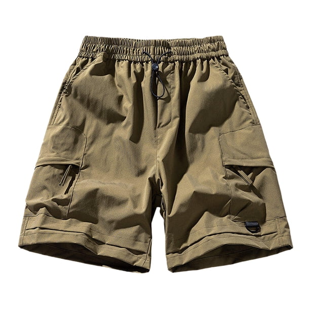 Mens Shorts Cintura Elástica con Bolsillos Color Sólido Casual Cremallera Bolsillo Shorts de Ropa de Trabajo, Poliéster