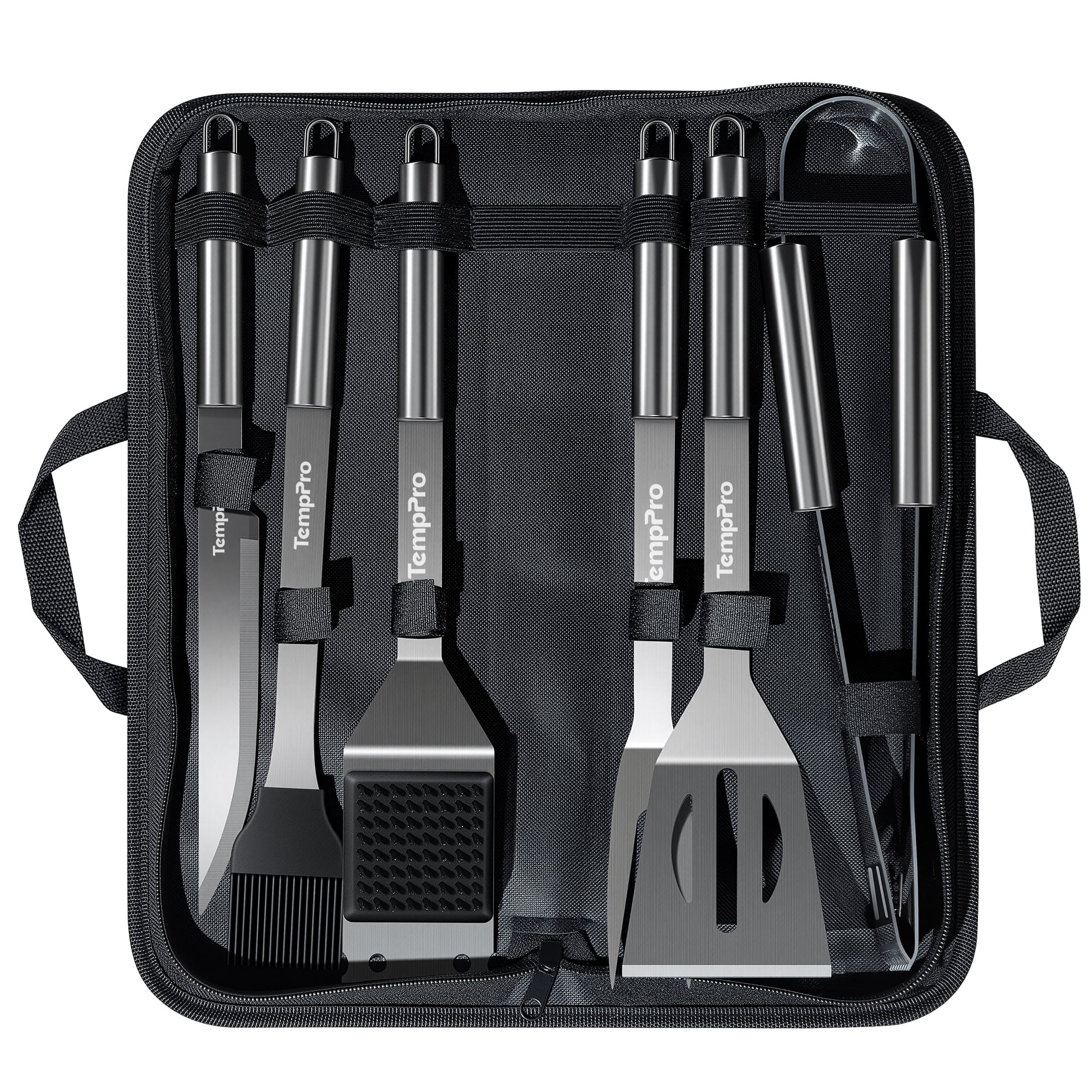 TempPro BBQ Grill Tool Set, 6-Piece Stainless Steel Grilling Accessories with Spatula, Tongs, Fork, Knife, Basting Brush, Cleaning Brush and Portable Storage Bag (Formerly ThermoPro)