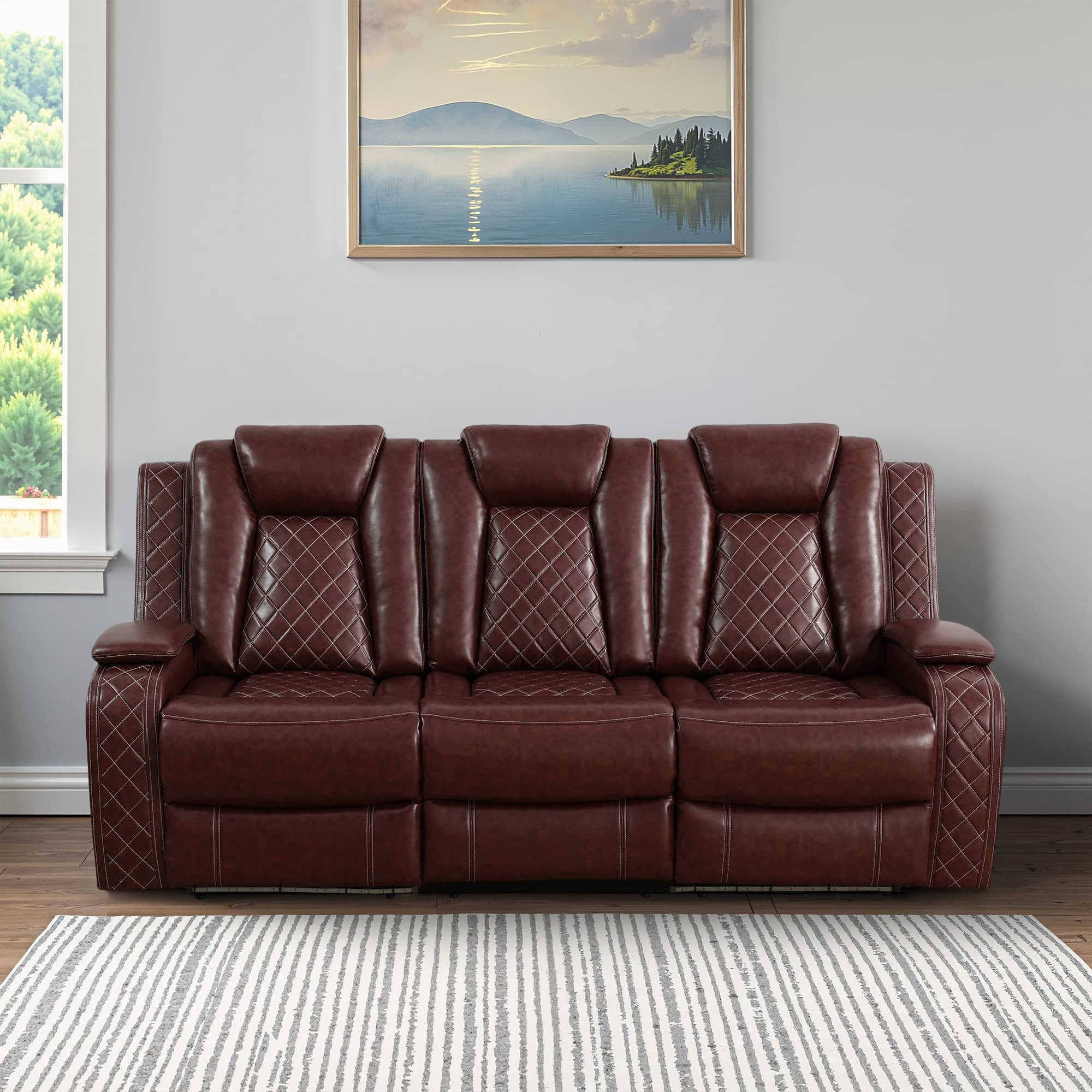 MAYEERTY Power Reclining Sofa, Electric 3-Seat Leather Recliner with USB Charging, Reversible Table & Ambient LED Lighting for Living Room, Brown