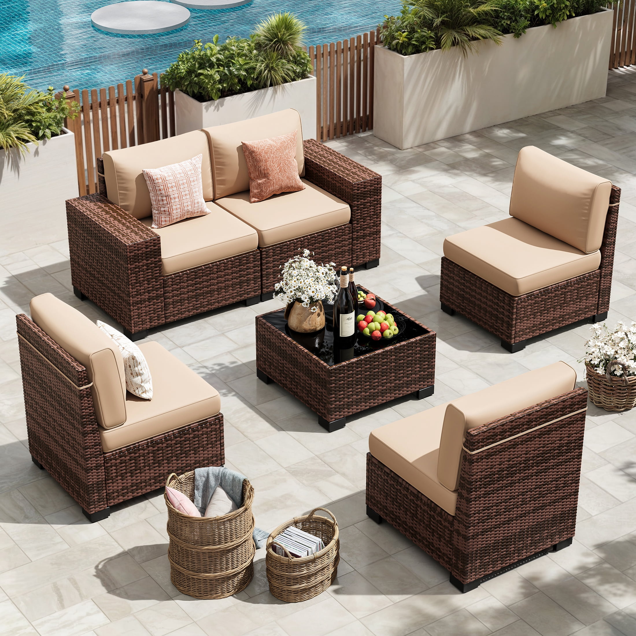 Techmilly 6-Piece Patio Furniture Set, Outdoor Patio Sofa Set With Wide Armrest, All-Weather Wicker Rattan Guest Set With Cushion And Glass Table And Waterproof Cover, Brown & Khaki