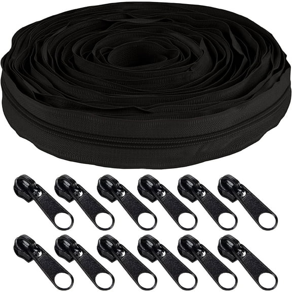 BambooMN 10 Yards #5 Nylon Coil Zipper Tape with 10 Metal Slider Pulls - Black