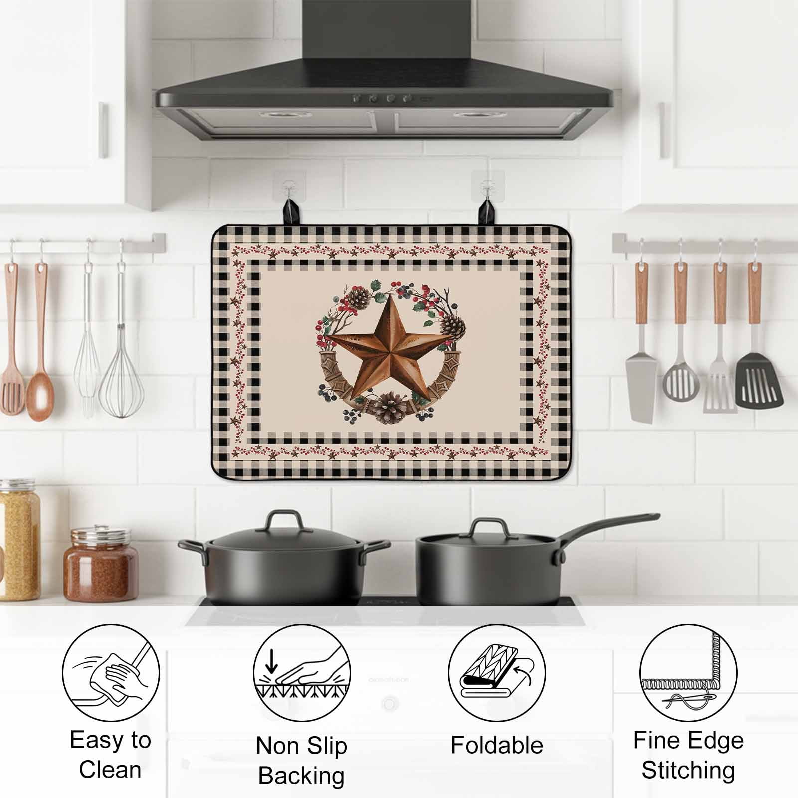 Farmhouse Stove Top Cover for Electric Stove, Heat-proof & Non Slip Glass Top Stove Cover Protector, Country Star Berry Plaid Lodge Grey Brown Kitchen Flat Cooktop Rubber Mat 24x21 Inches
