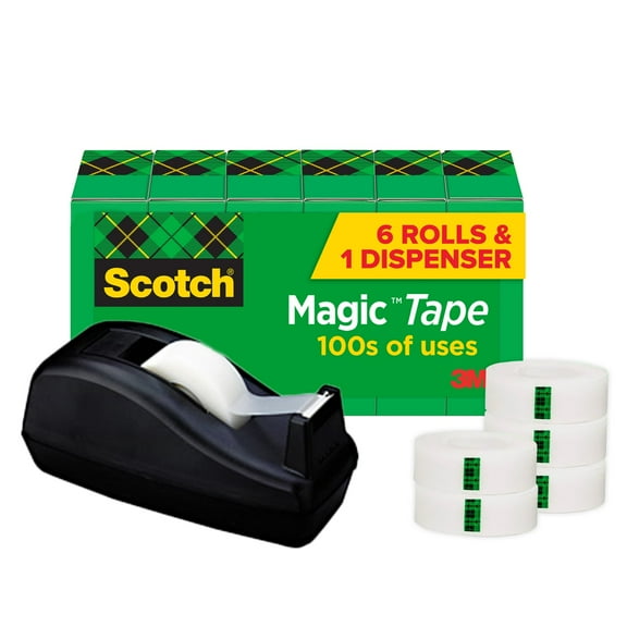 Scotch Magic Tape, Black Dispenser, Value Pack, 3/4" x 1000", 6 Rolls, 1 Dispenser