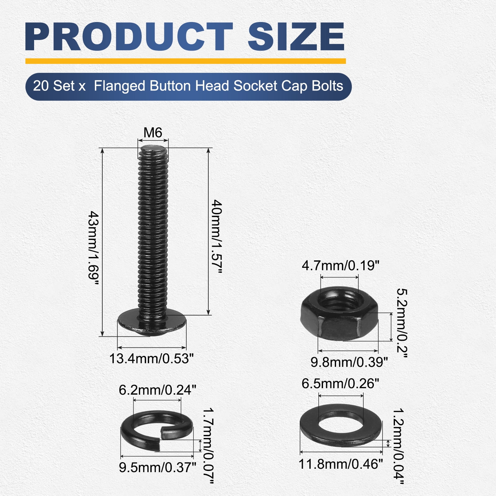 20 Set M6 x 40mm Flanged Button Head Socket Cap Screws, Black 304 Stainless Steel 18-8 Hex Socket Head Screws Bolts, Nuts, Flat & Lock Washers for DIY, Furniture, Automotive