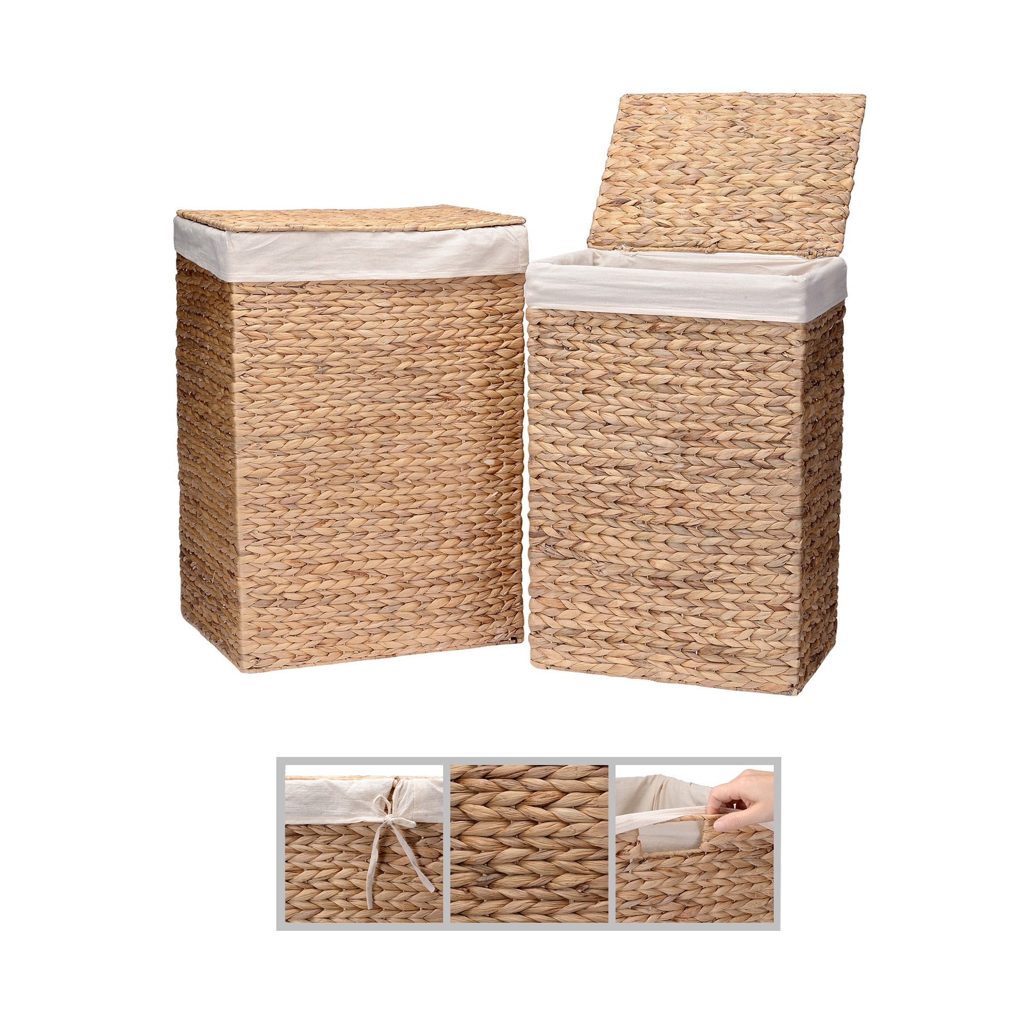 Villacera Set of 2 Handmade Water Hyacinth Wicker Laundry Hampers with Lids (Natural)