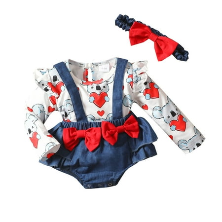 

Binmer Newborn Baby Toddler Girls Cartoon Print Small Flying Sleeve Long-Sleeved Top Denim Bow Suspender Briefs Suit
