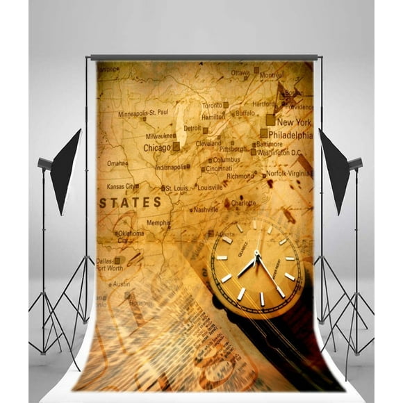 YUSDECOR 5x7ft Photography Background Clock and the Old Programme Retro Old Map States Structured Compass kraft Paper Background Grunge Portrait Tra