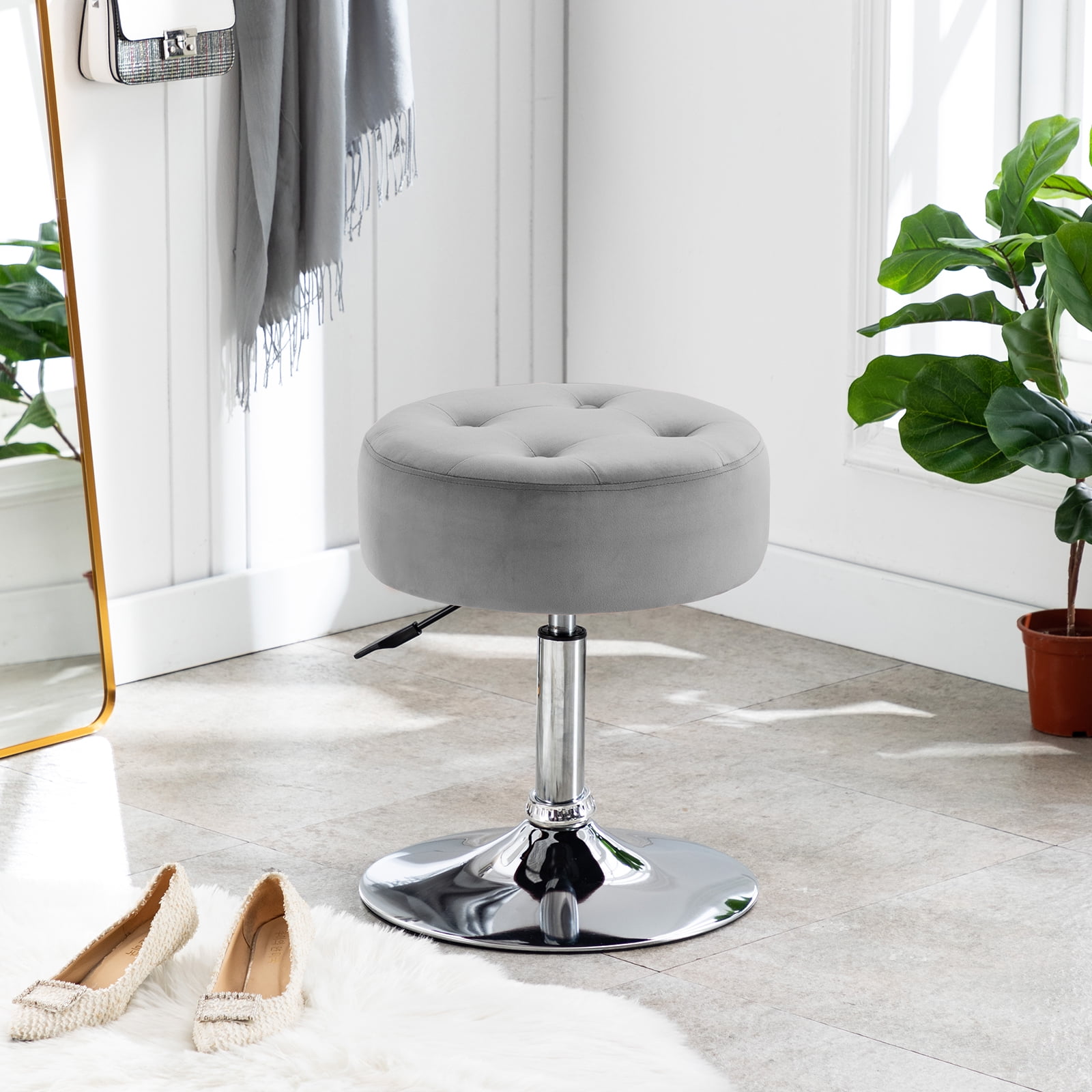 dressing table chair grey velvet Velvet Upholstery Round Accent Chair Dressing Stool – Living and Home main image 1