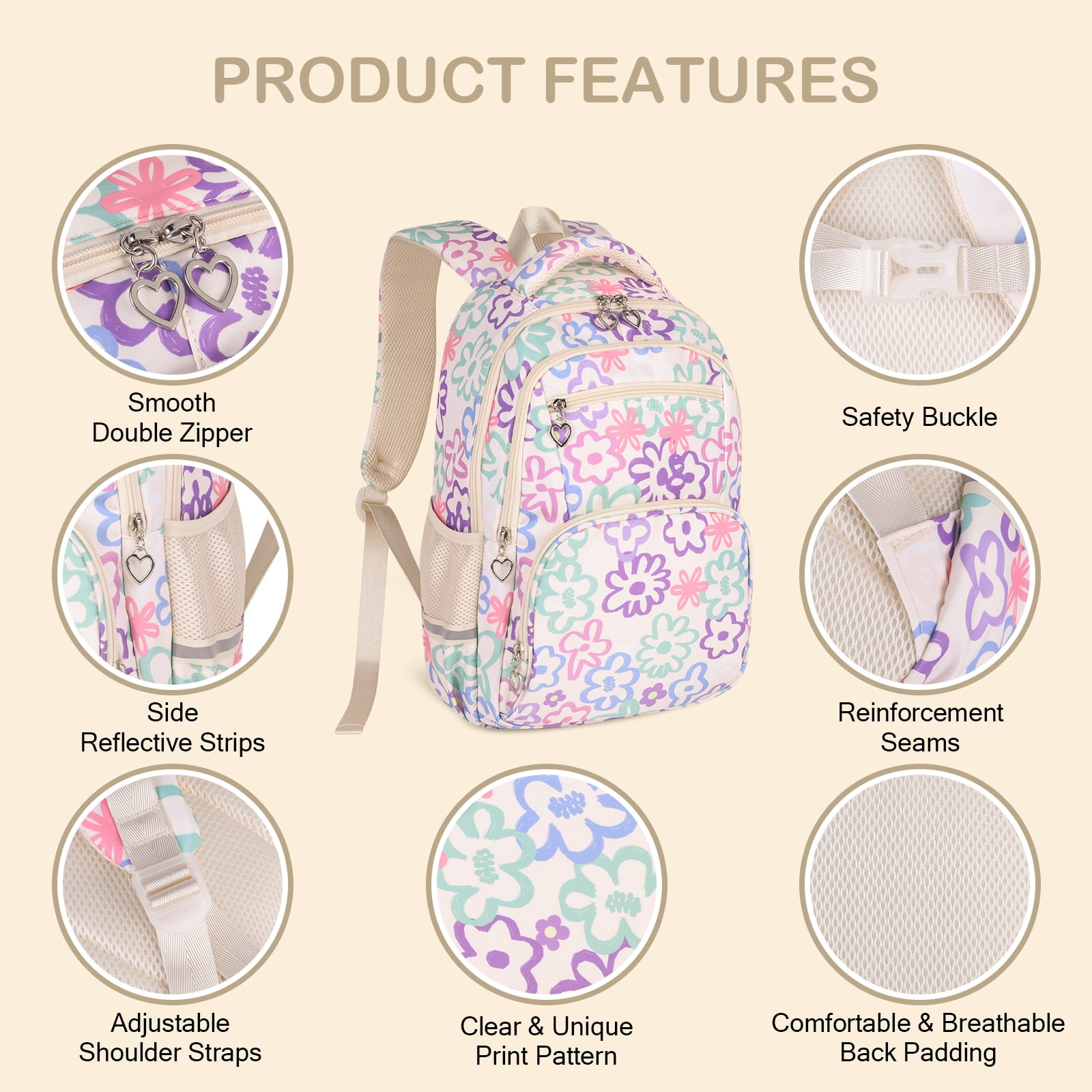 School Backpack Set for Girls,Lightweight Bookbag with Large Capacity, 3-in-1 School Essentials Set Includes Lunch Box & Pencil Case Beige