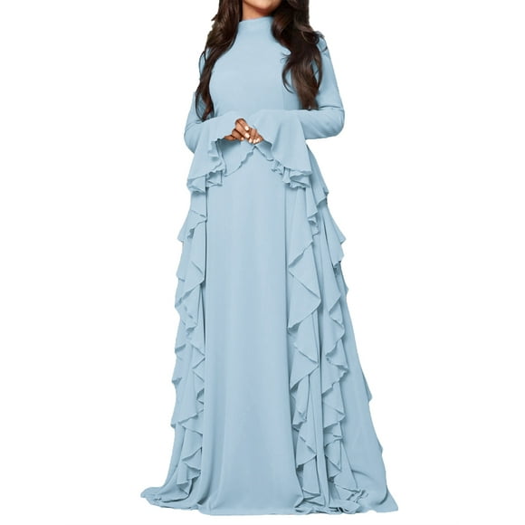 Women'S Bodycon Dresses Elegant Bell Sleeve Ruffle Hem Cocktail Party Long Dress Blue XL