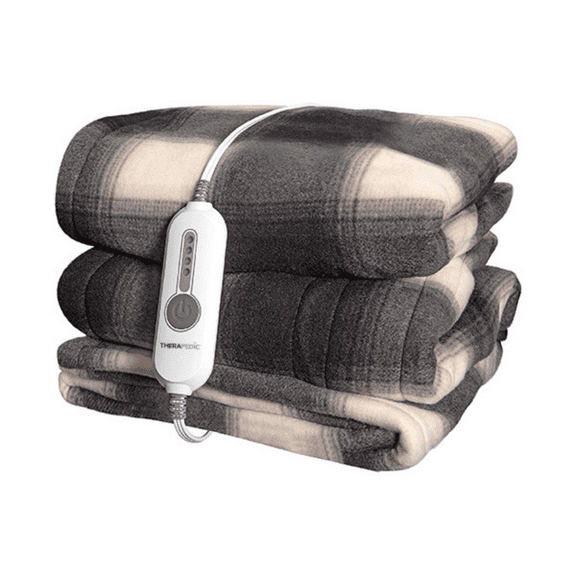 Therapedic Home Solutions Heated Throw – Plug-In Electric Blanket with 4 Heat Settings, Auto Shut-Off, Machine Washable, ETL Certified (50x60 Inches, Black Plaid)