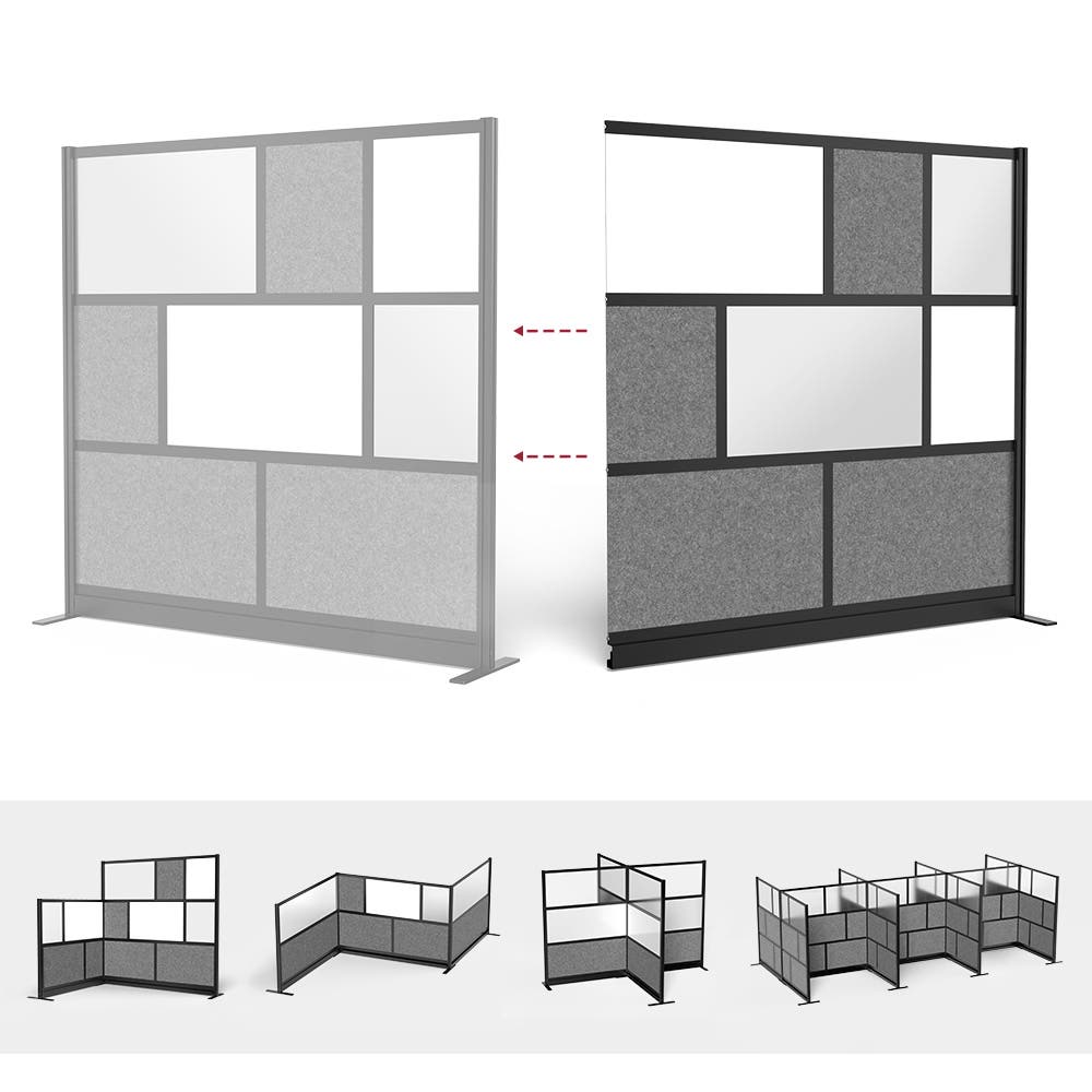 Luxor Workflow Modular Wall Room Divider System - Black Frame - 70" x 70" Add-On Wall with Whiteboard, Freestanding