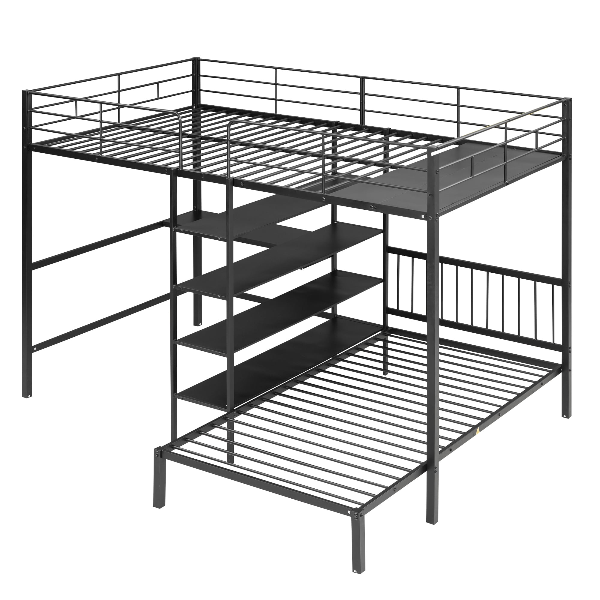 Full Over Twin Bunk Bed with Built-in Desk and Storage Shelves,L-Shape Heavy-Duty Metal Bunk Bed w/Staircase & Safety Guardrail,for Bedroom Boys Girls Adults,Black