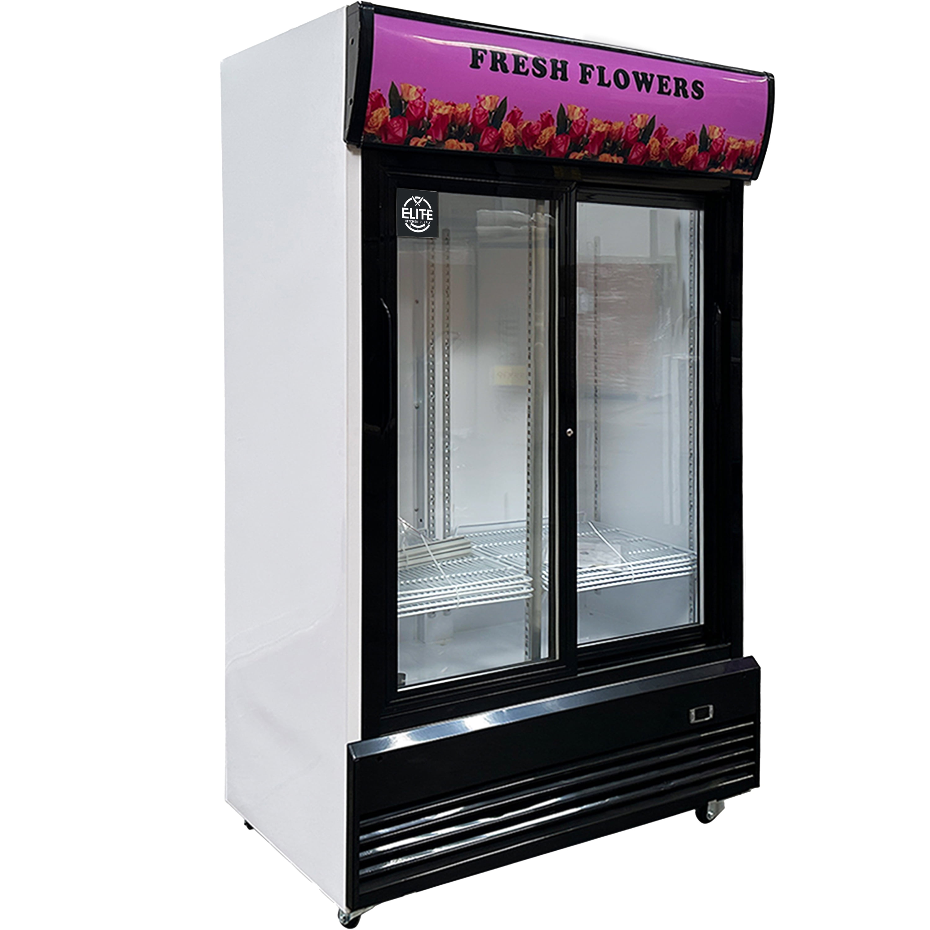 Elite Kitchen Supply 48 in. Floral Cooler Refrigerator, 31 Cu.Ft. Commercial Sliding Doors, NSF Certified