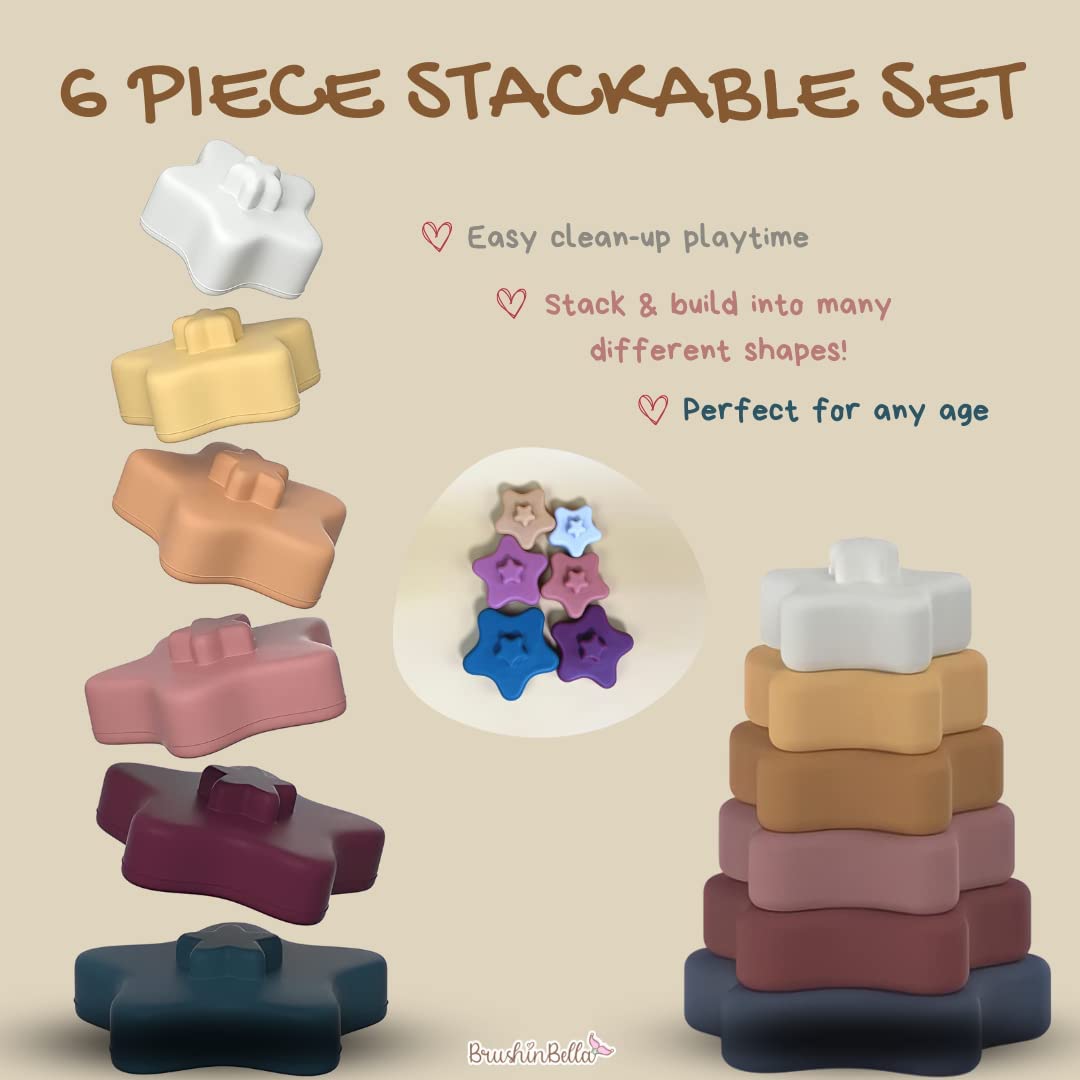 BrushinBella Silicone Stackable Toys - Montessori Silicone Toys - Toddler Stackable Montessori Toys - Dishwasher-Safe Educational Toys - Toddler Silicone Toys – Sensory Star Toys – 7 Layers