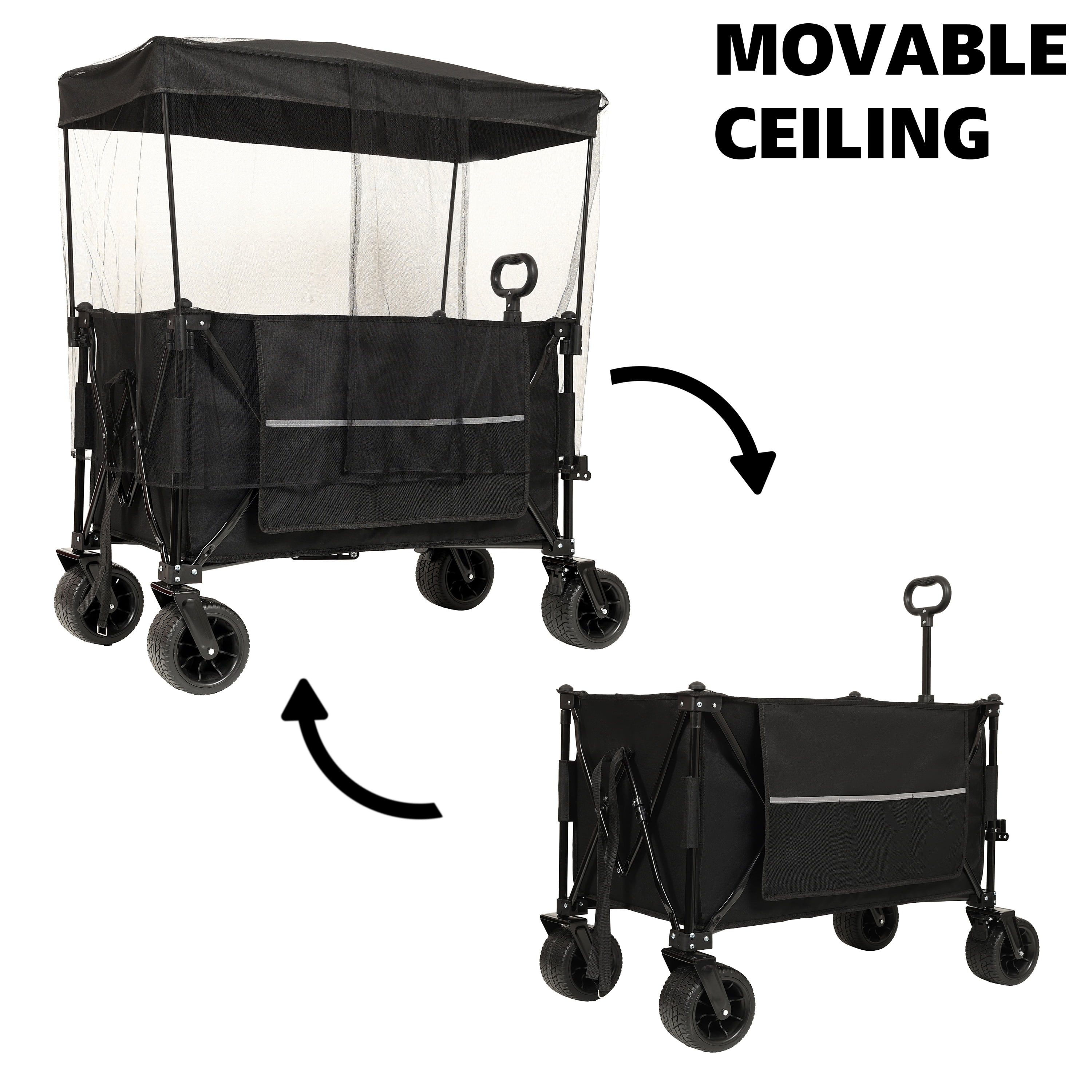 Kumix Collapsible Foldable Extended Wagon with Canopy, 480LBS Weight Capacity, Heavy Duty Folding Utility Garden Cart with Big All-Terrain Beach Wheels & Drink Holders, Side Pocket and Brakes, Black