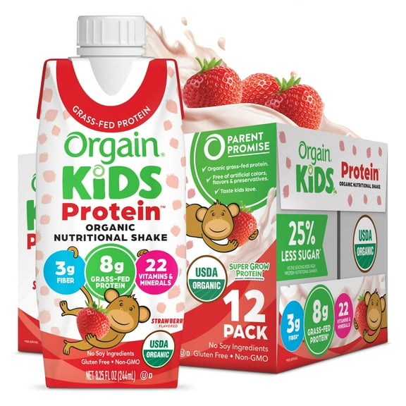 Orgain Organic Kids Nutritional Shake, 22 Vitamins & Minerals, Strawberry, 12ct