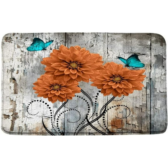Rustic Flower Bath Mat Orange Dahlia Floral Abstract Leaves Vintage Wooden Board Butterfly Shabby Farmhouse Bran Door Bathroom Kitchen Rugs,17.8x29.5 Inch