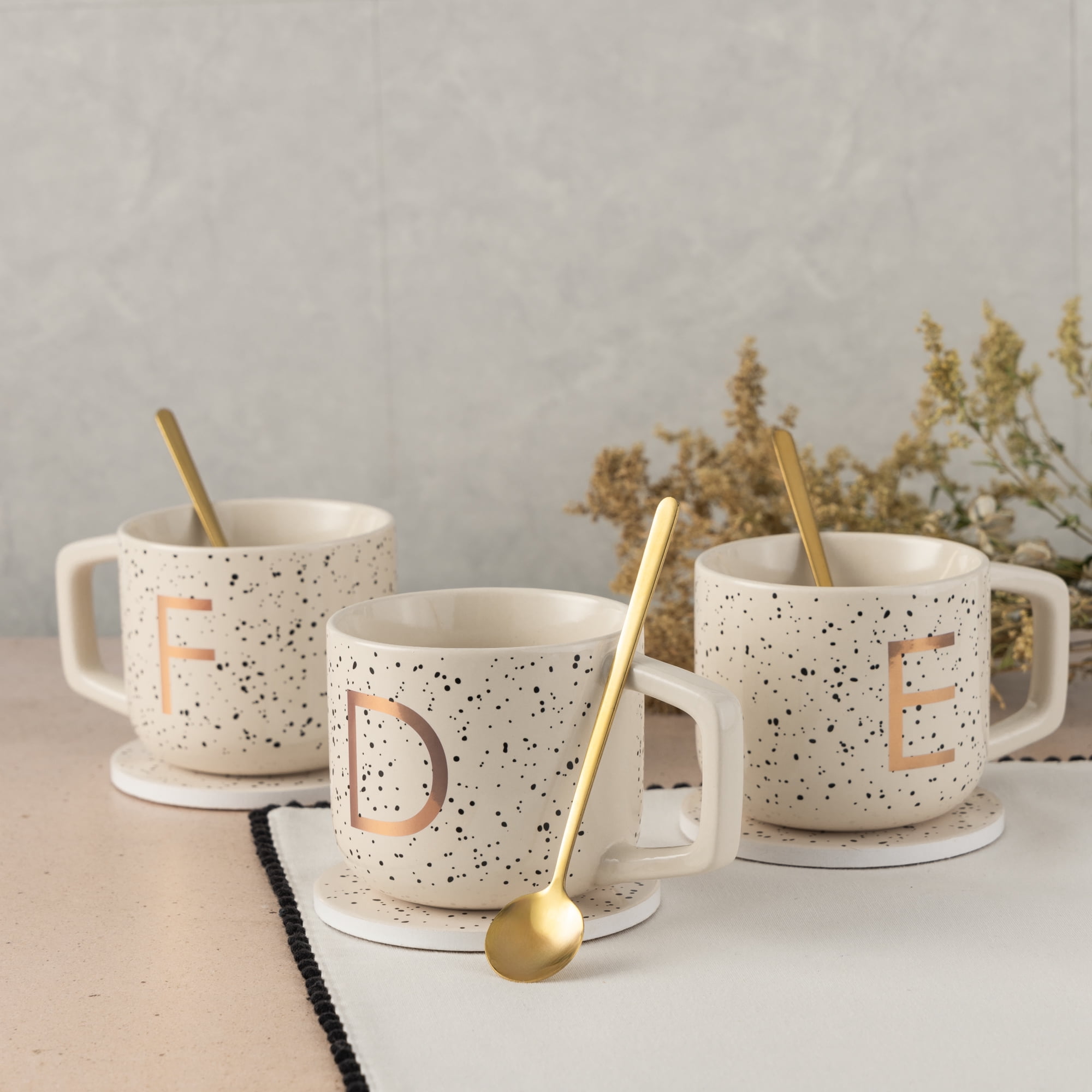 Thyme & Table 13.5 fl oz Monogram E Stoneware Mug, Coaster and Stir Set