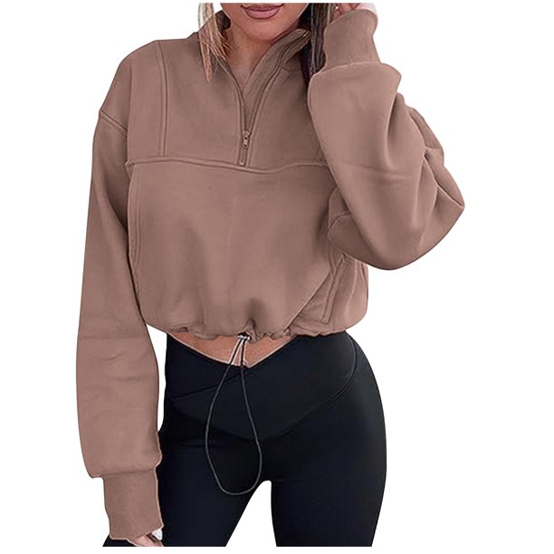 Suéter informal de manga larga sin capucha para mujer, chaqueta y abrigo, con cuello alto, media cremallera y cordón ajustable en la parte inferior