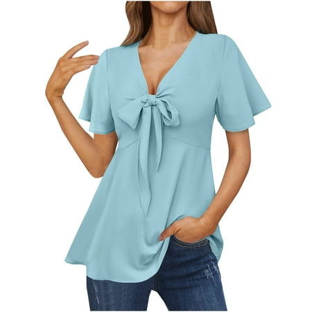 Yyeselk Sexy Women Deep V-Neck Shirts Leisure Bow Tie Front Ruffle Short Sleeves Long Blouses Asymmetric Hem Pure Color Satin Silk Babydoll Summer Tops Light Blue XXL