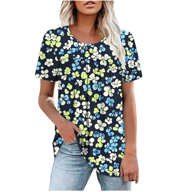 WRKEKC Chemises à Manches Courtes pour Femmes, T-Shirts d'Été pour Femmes, Blouses Décontractées Tendance à Imprimé Floral Plissé à Manches Courtes Col Rond