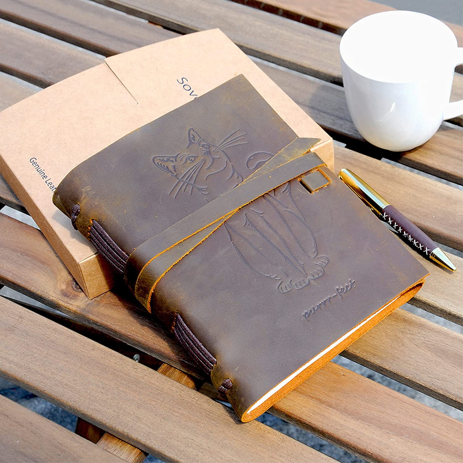 Leather Bound Journal for Men and Women, Handmade Gift Set with Cat Embossed Leather Journal and Stylish Pen, Vintage and Classic, Notebook, Sketchbook, Planner and Diary A5 8x6"