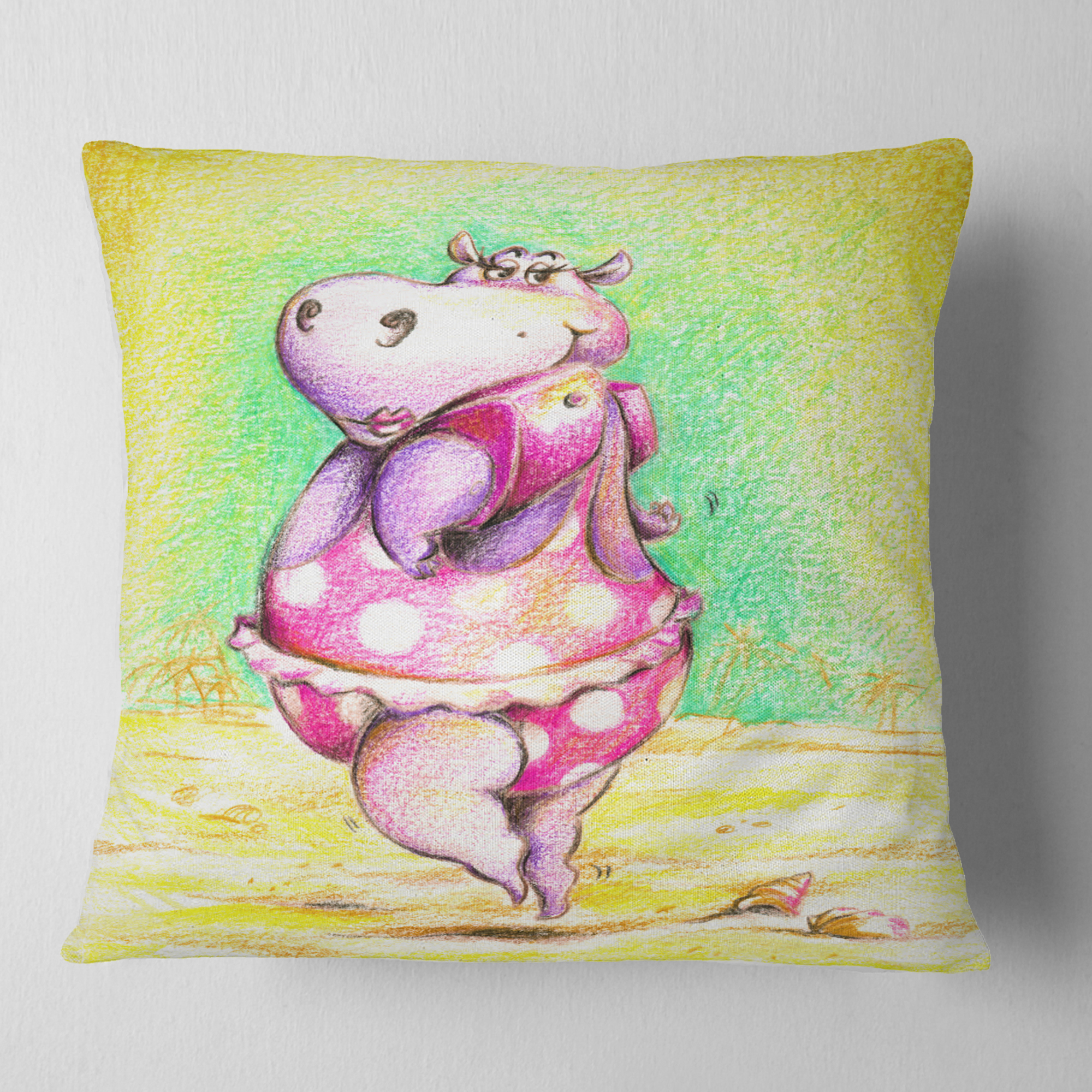 Designart Cute Hippo Goes Swimming - Abstract Throw Pillow - 18x18