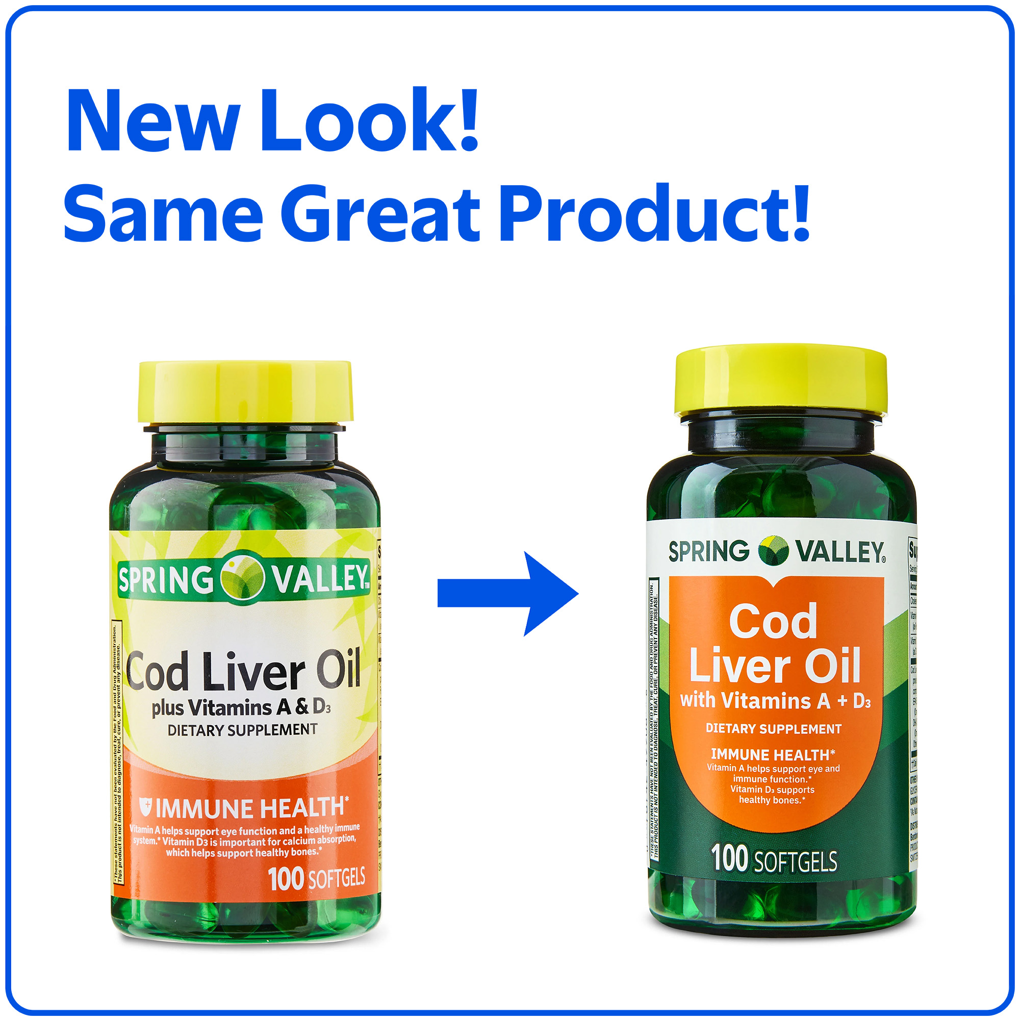 Spring Valley Cod Liver Oil Plus Vitamins A & D3 Dietary Supplement, 100 Count
