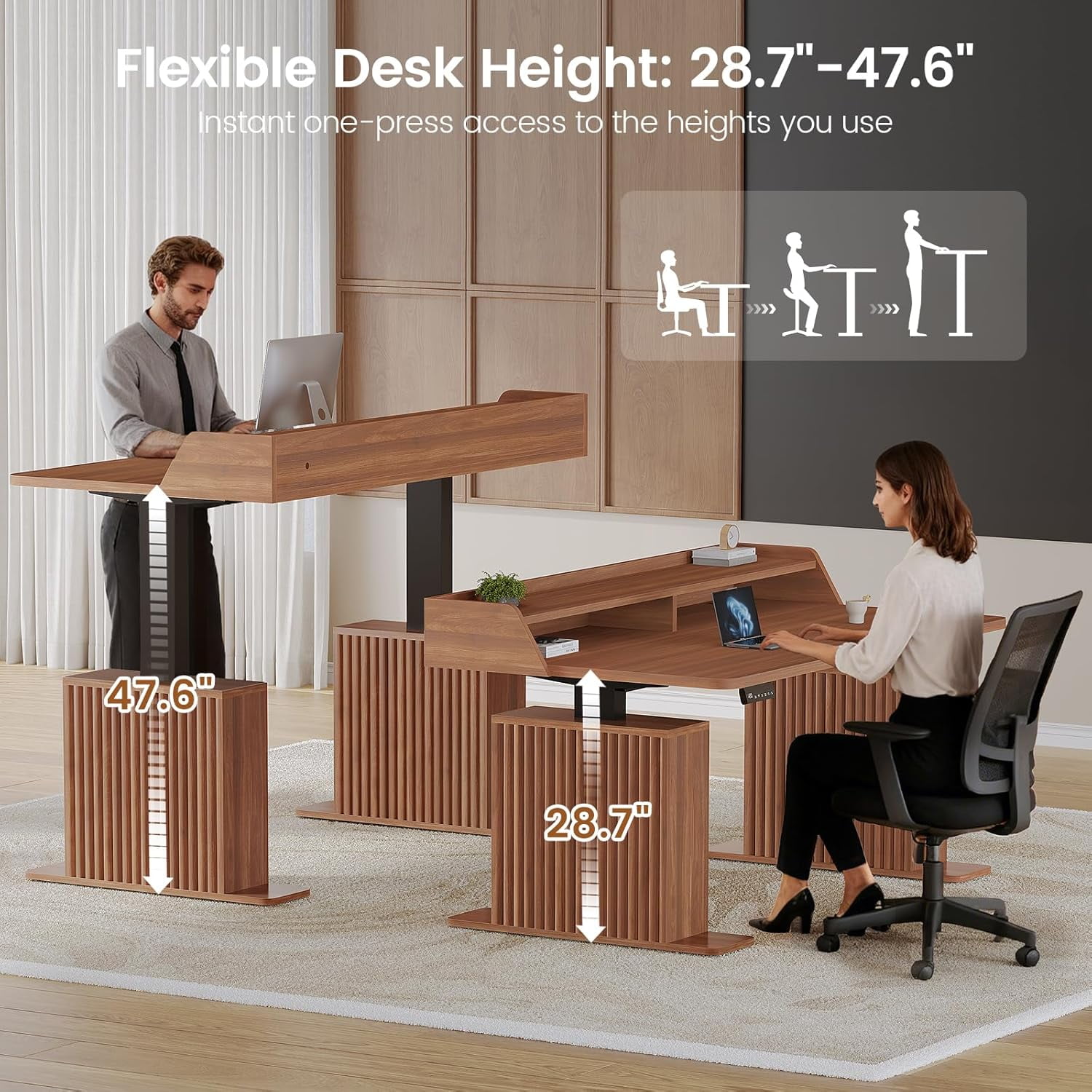 SEDETA Farmhouse Standing Desk with Storage, 55" Stand Up Home Office Desk with Power Outlets & LED Lights, Fluted Design Computer Desk, Height Adjustable Table with Monitor Stand, Brown